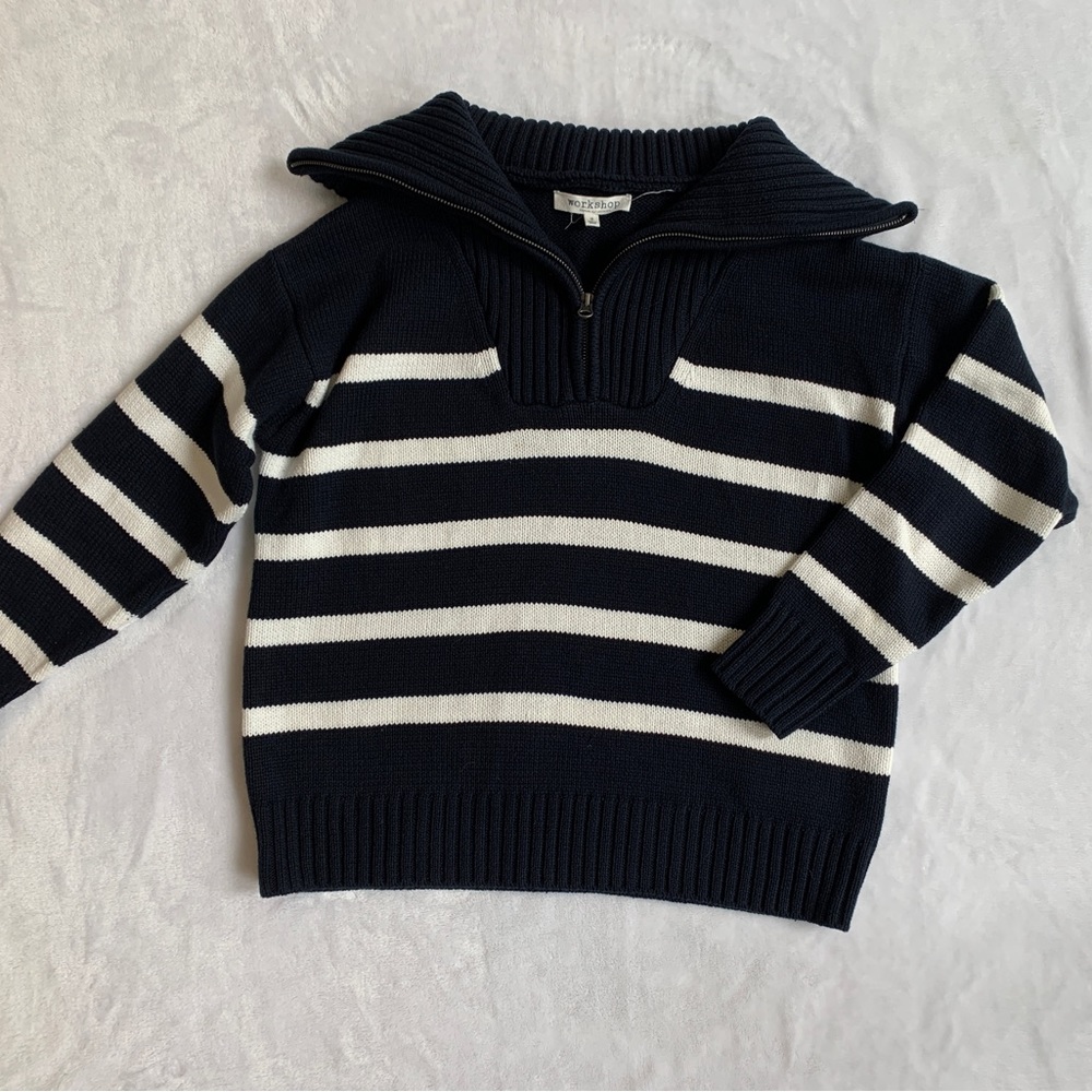Women’s Workshop Republic Clothing Chunky Navy White Strip 1/4 Zip Sweater Sz S